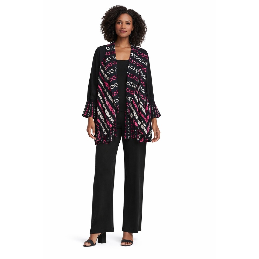 Claudia D Open Front Knit Cardigan XL  Black Pink‎ White Patterned Drape